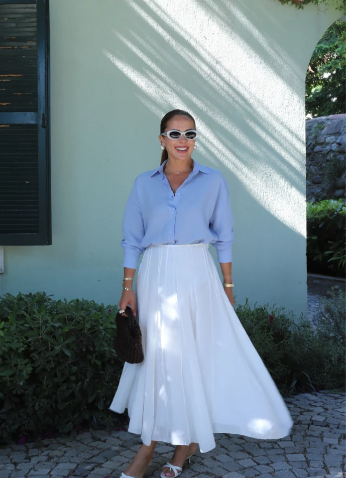 Beyaz Ters Dikiş Detay Etek