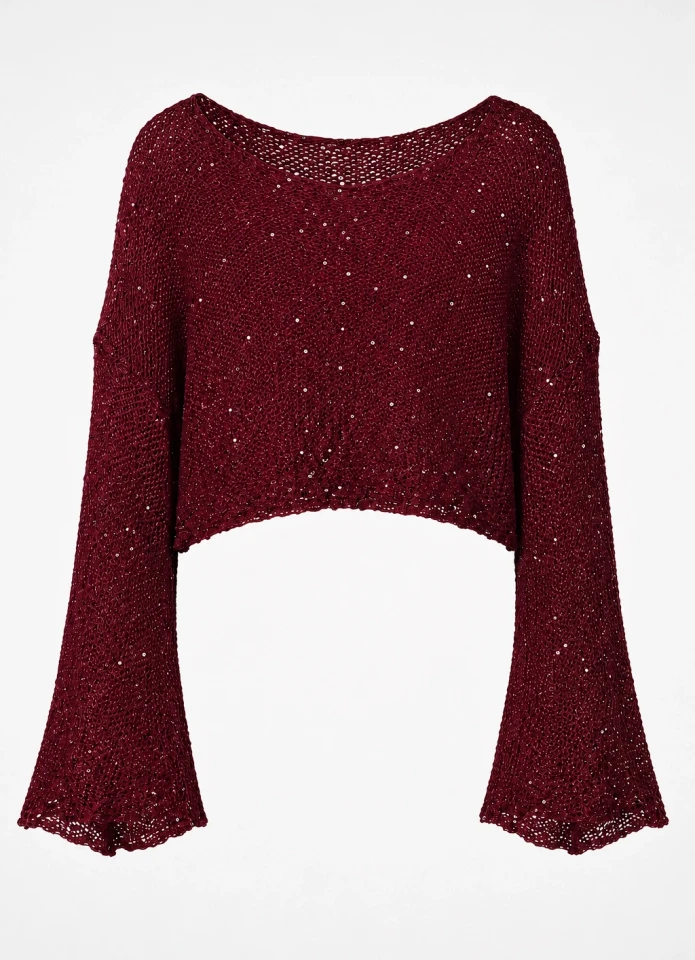 Bordo Pullu Merserize Crop Bluz