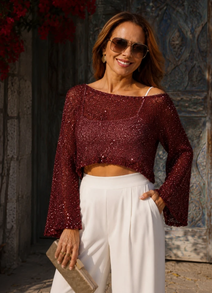 Bordo Pullu Merserize Crop Bluz
