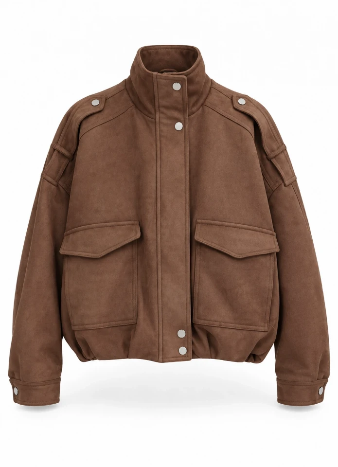 Camel Cep Detay Süet Bomber Ceket