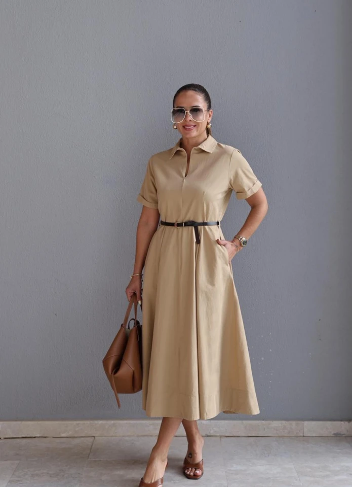 Camel Kemerli Midi Elbise