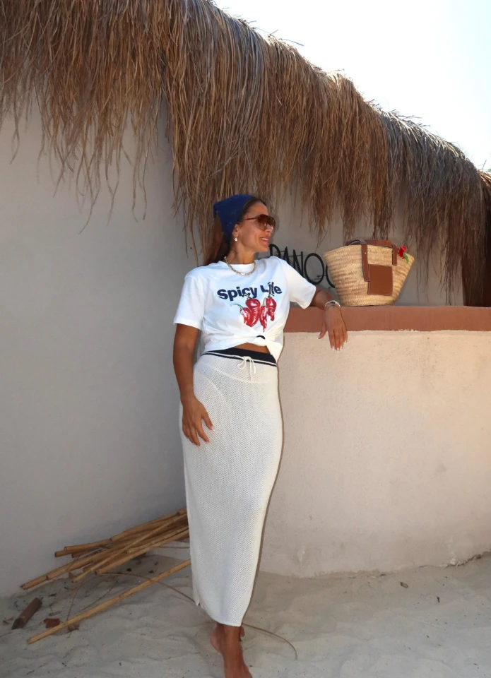 Beige Detailed Knitted Skirt with Tie