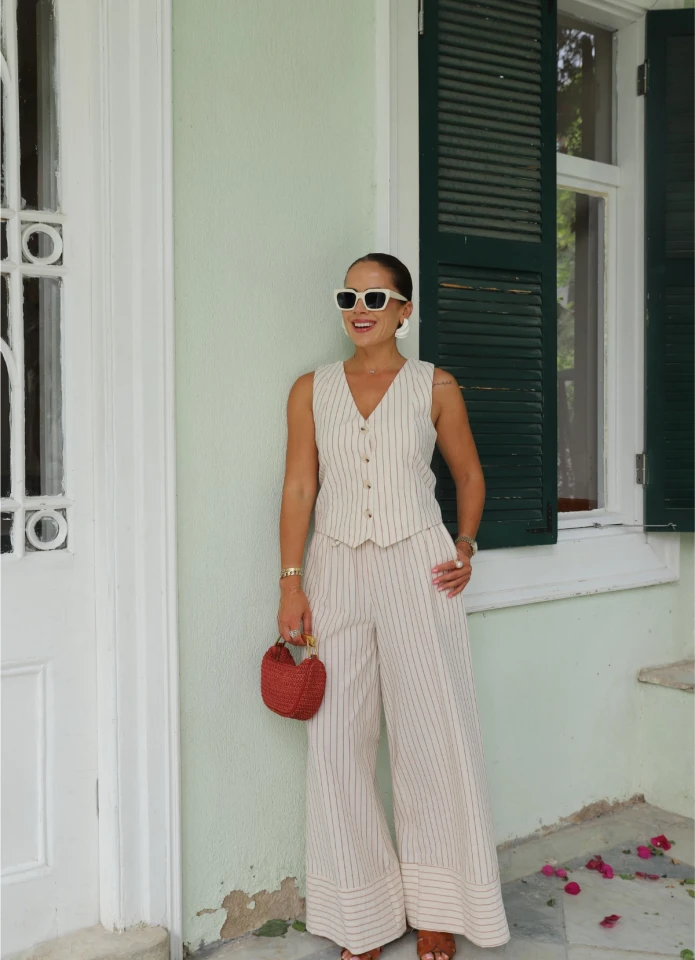 Ekru Keten Çizgili Yelek Pantolon Takım