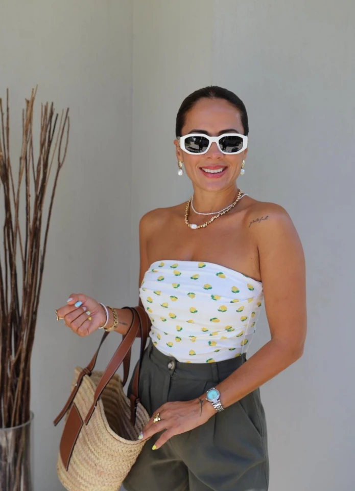 Ekru Limon Desen Straplez Bluz