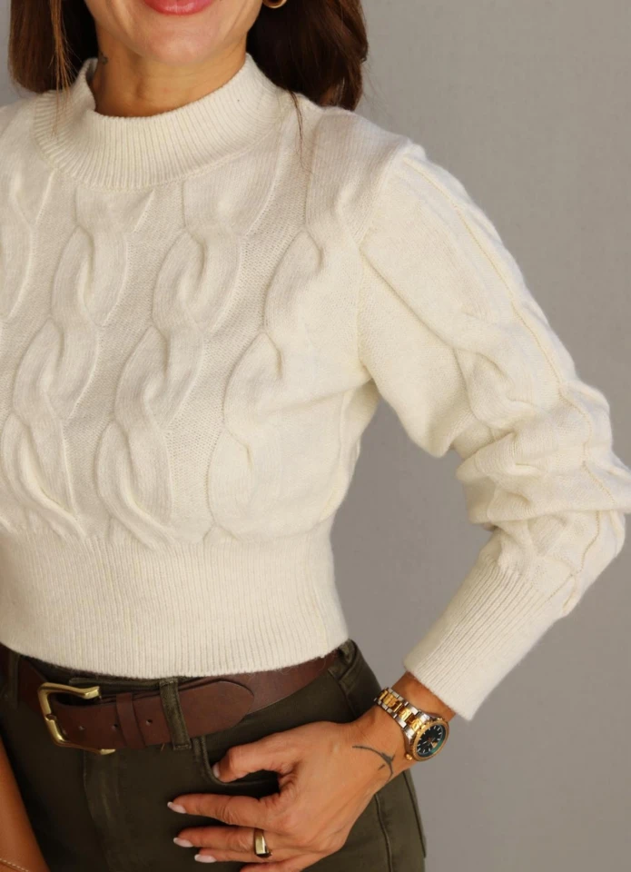 Ecru Textured Pattern Crop Sweater