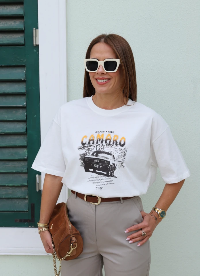 Ekru Oversize Baskı Detay Tshirt