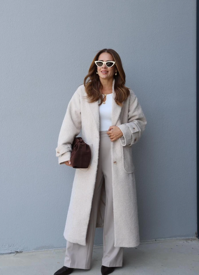 Ekru Premium Yün Kaşe Kaban