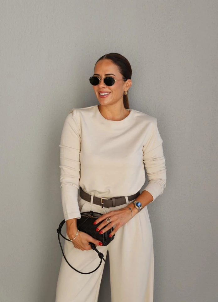 Ekru Vatkalı Bluz Pantolon Takım