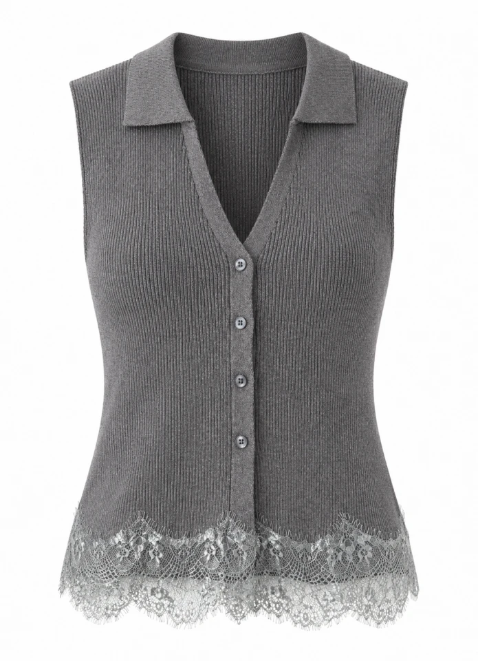 Gri Dantel Detay Triko