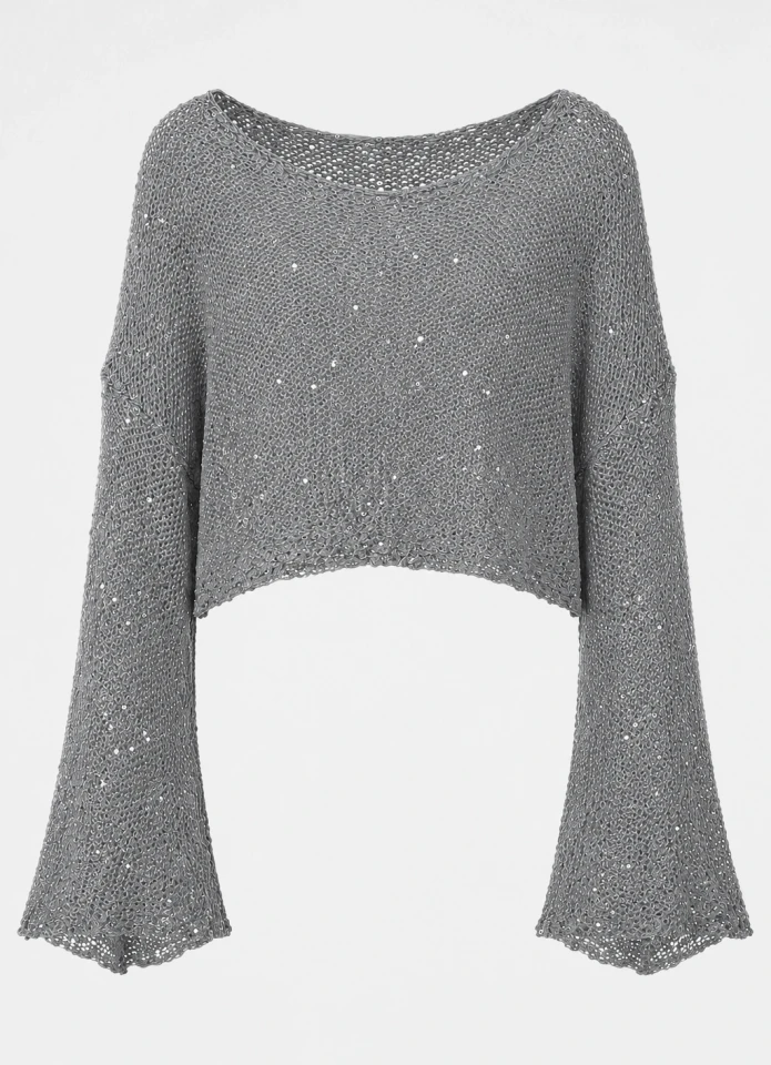 Gri Pullu Merserize Crop Bluz