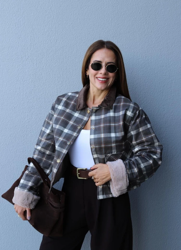 HAKİ Kadife Yaka Detay Kareli Ceket