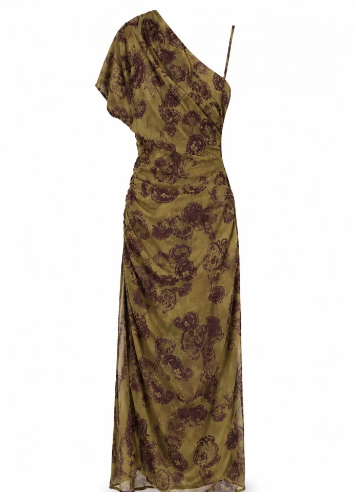 HAKİ Tek Omuz Drape Detay Desenli Elbise