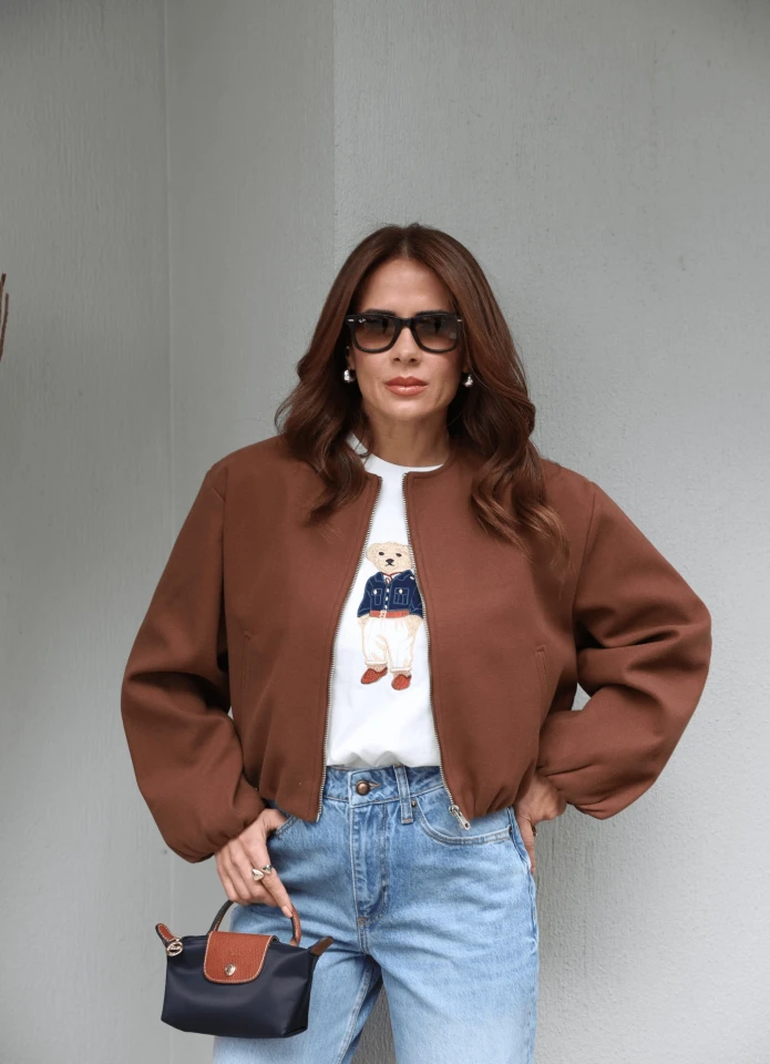 Kahve Fermuarlı Kaşe Bomber Ceket