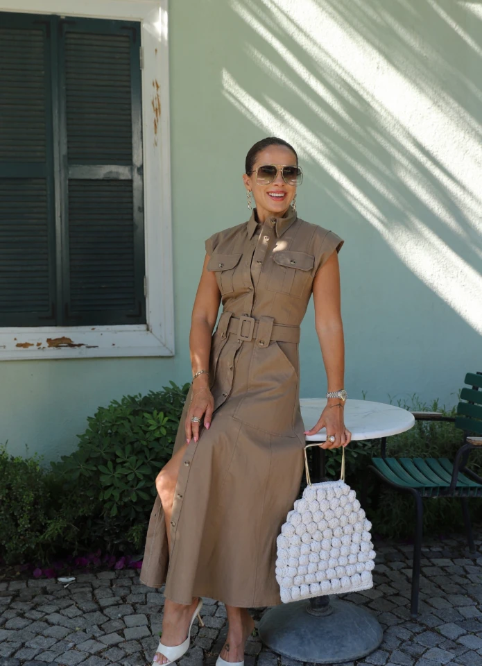 COFFEE Belted Pocket Detail Raw Linen Dress