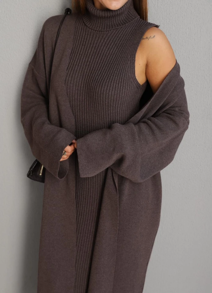 KAHVE Triko Elbise Ceket Takım