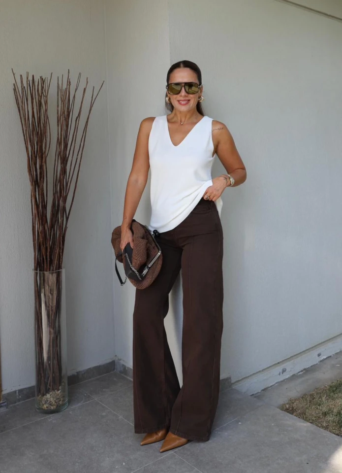 Kahverengi Çıma Dikiş Detay Pantolon