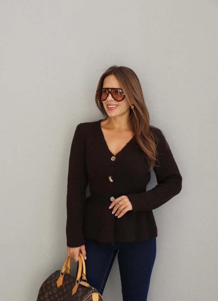 Kahverengi Gold Düğme Detay Peplum Hırka