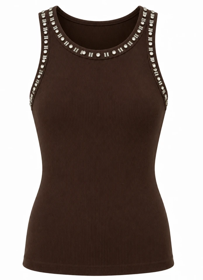 Kahverengi Halter Yaka Taşlı Atlet