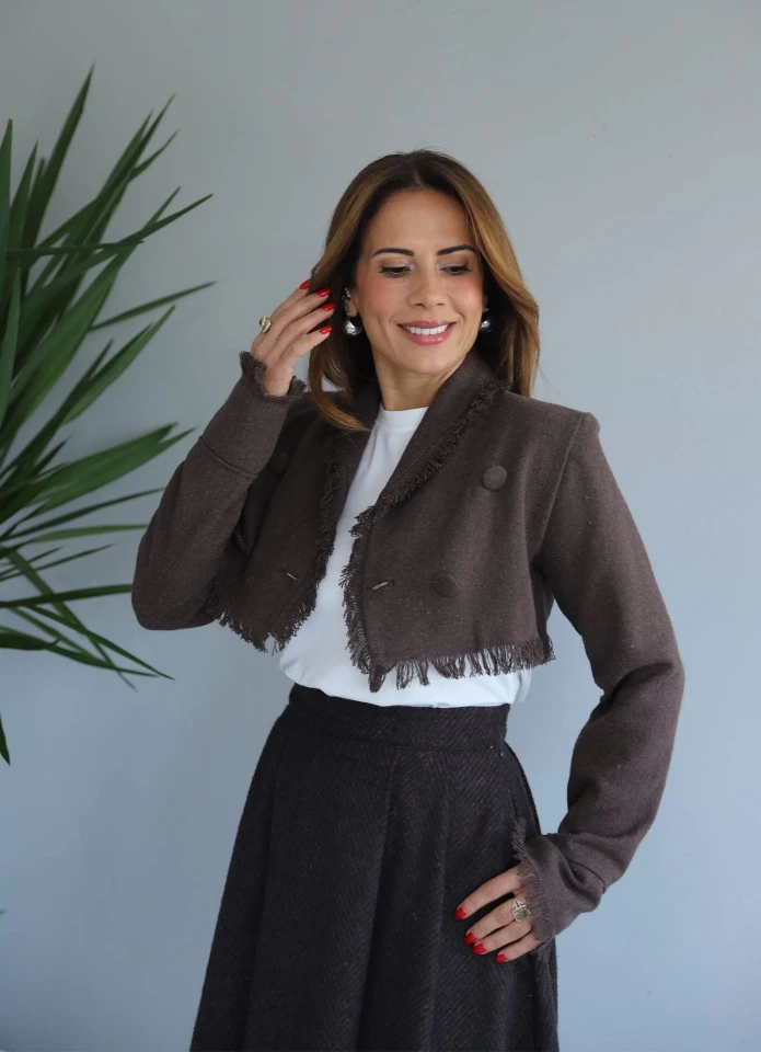 Kahverengi Kenarları Püsküllü Crop Ceket