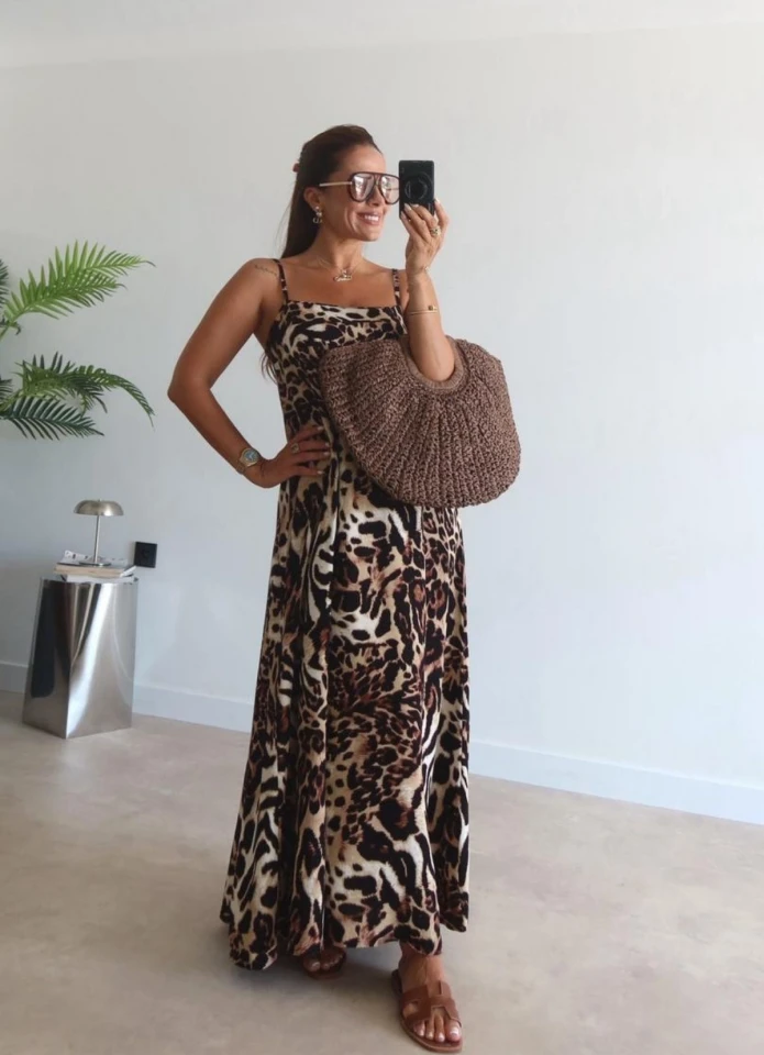 Kahverengi Leopar Desen Maxi Elbise