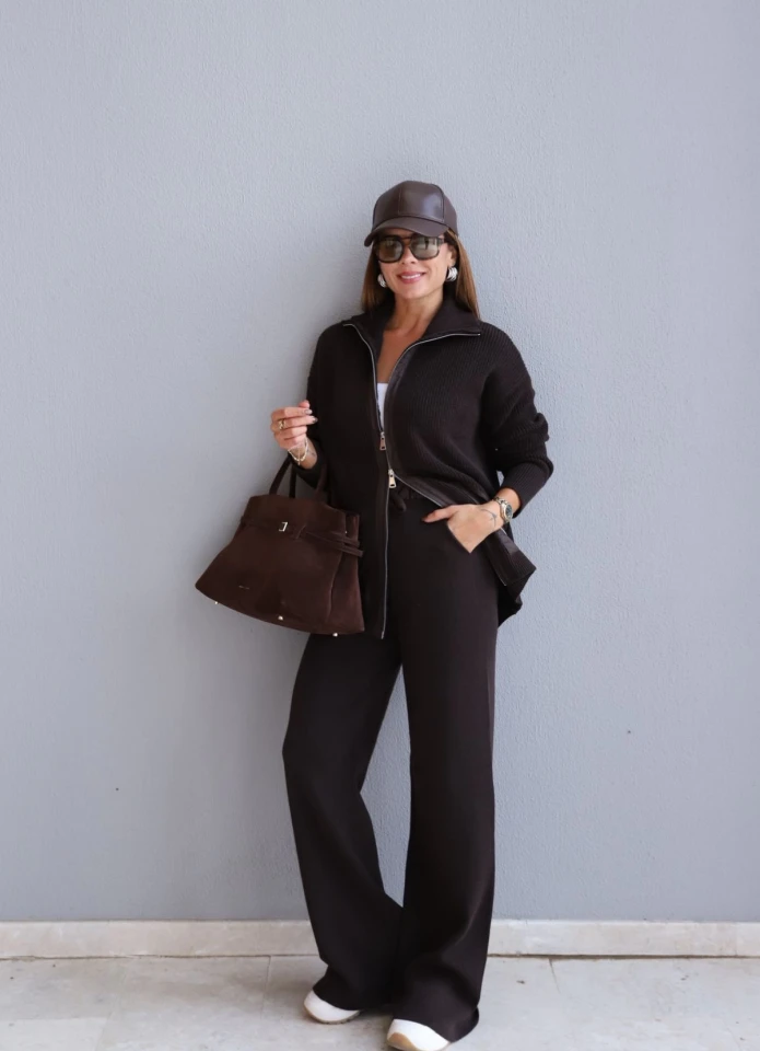 Kahverengi Paraşüt Detay Triko Ceket Pantolon Takım