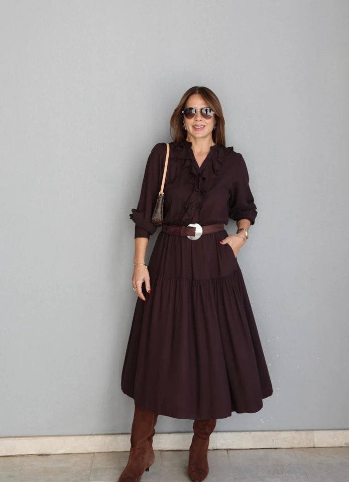 Kahverengi Volan Yaka Midi Elbise