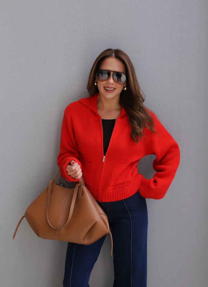 KIRMIZI Cep Detay Hırka