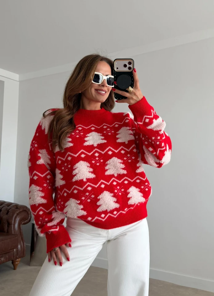 KIRMIZI Desenli Kazak