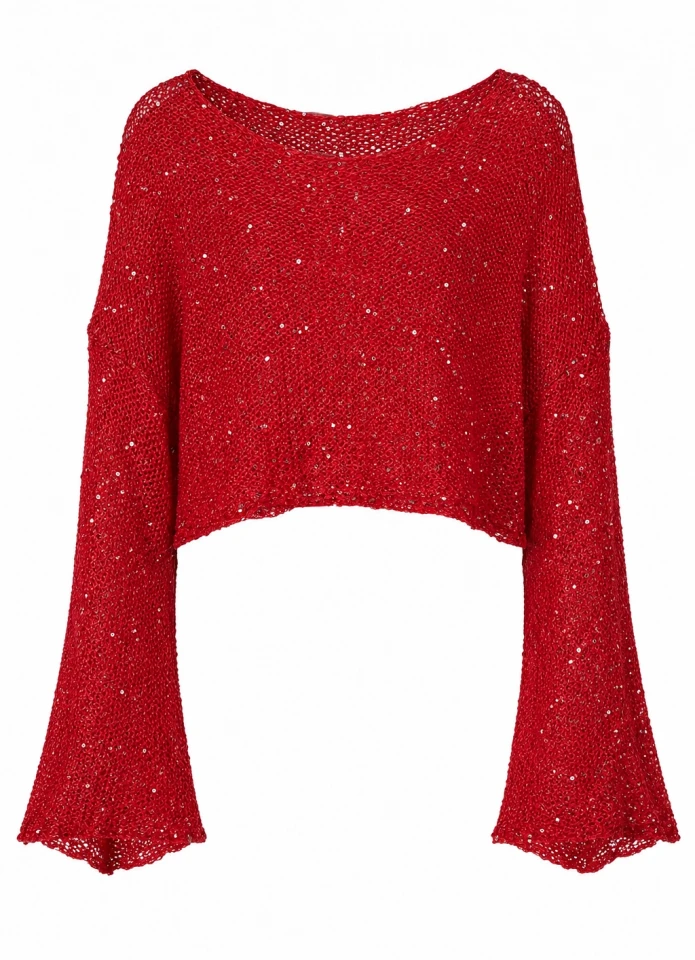 KIRMIZI Pullu Merserize Crop Bluz