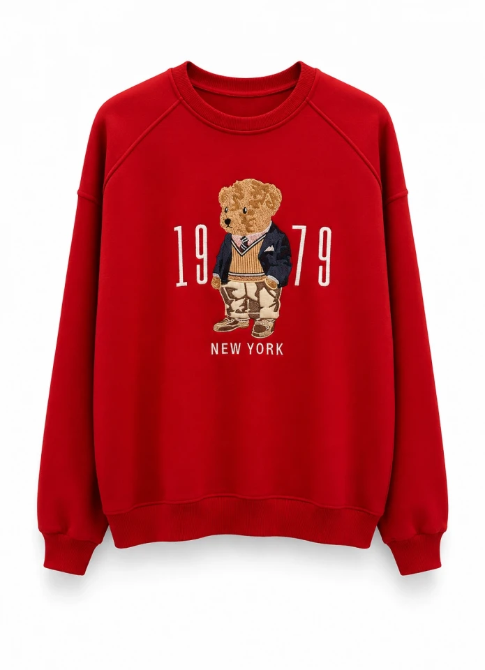 KIRMIZI Teddy Nakış Detay Sweat