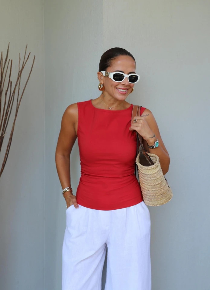 KIRMIZI Yan Drape Detay Bluz