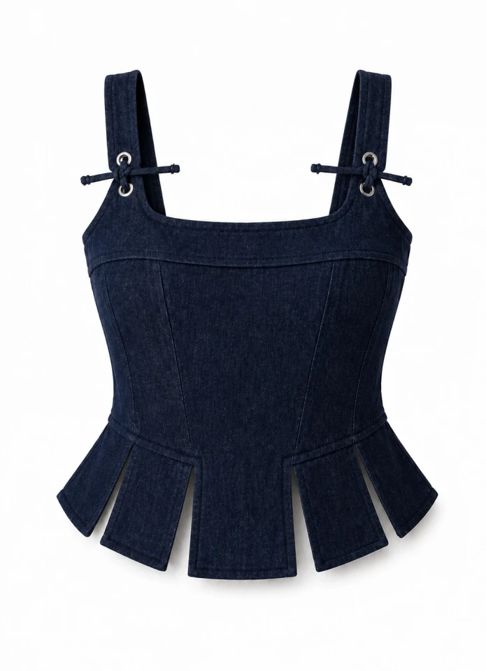Lacivert Askısı Bağlamalı Parça Detay Crop Bluz