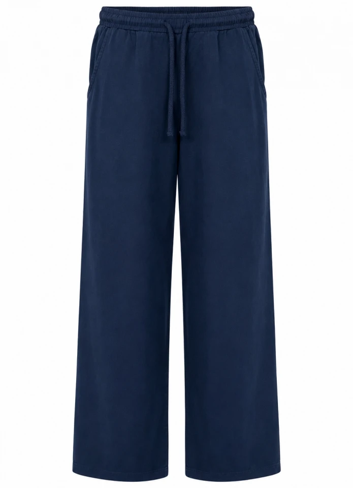 Lacivert Beli Lastikli Bol Paça Pantolon