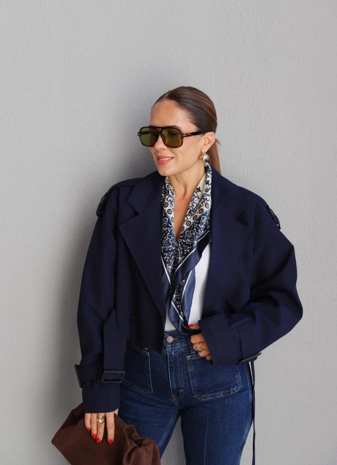 Lacivert Kemerli Kısa Trenç