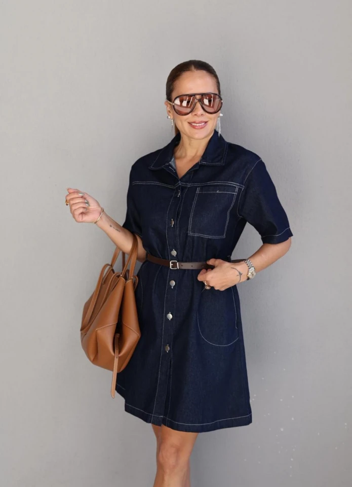 Lacivert Kemerli Mini Jean Elbise