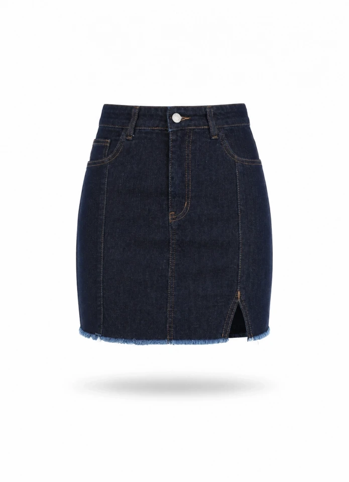 Lacivert Mini Yırtmaçlı Jean Etek