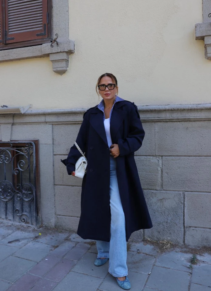 Lacivert Oversize Kaşe Kaban