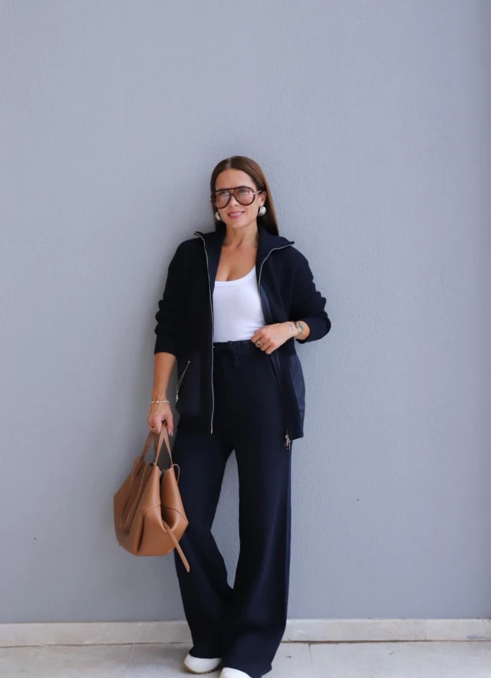 Lacivert Paraşüt Detay Triko Ceket Pantolon Takım