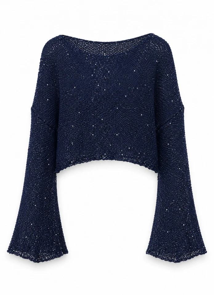 Lacivert Pullu Merserize Crop Bluz