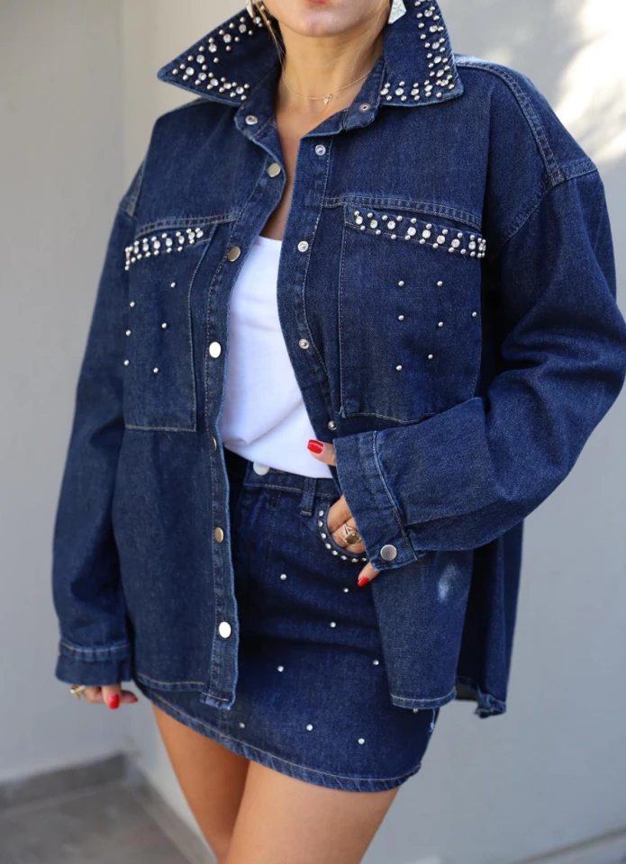 Lacivert Taş Detay Oversize Gömlek