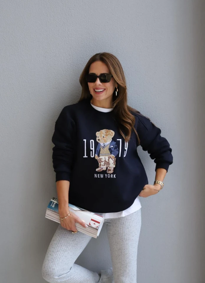 Lacivert Teddy Nakış Detay Sweat