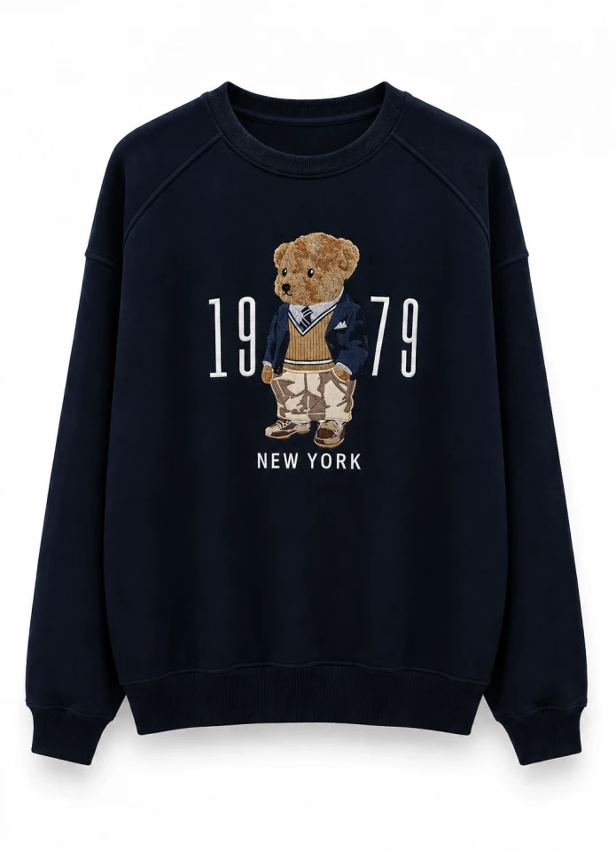 Lacivert Teddy Nakış Detay Sweat
