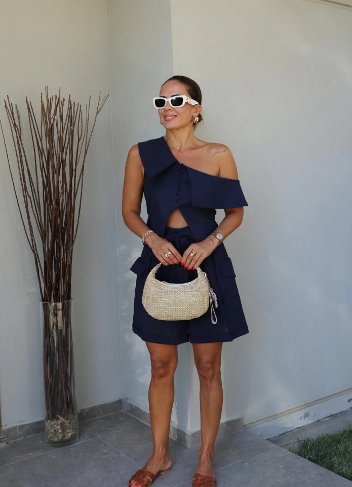 Navy Blue One Shoulder Cargo Pocket Detail Shorts Blouse Set