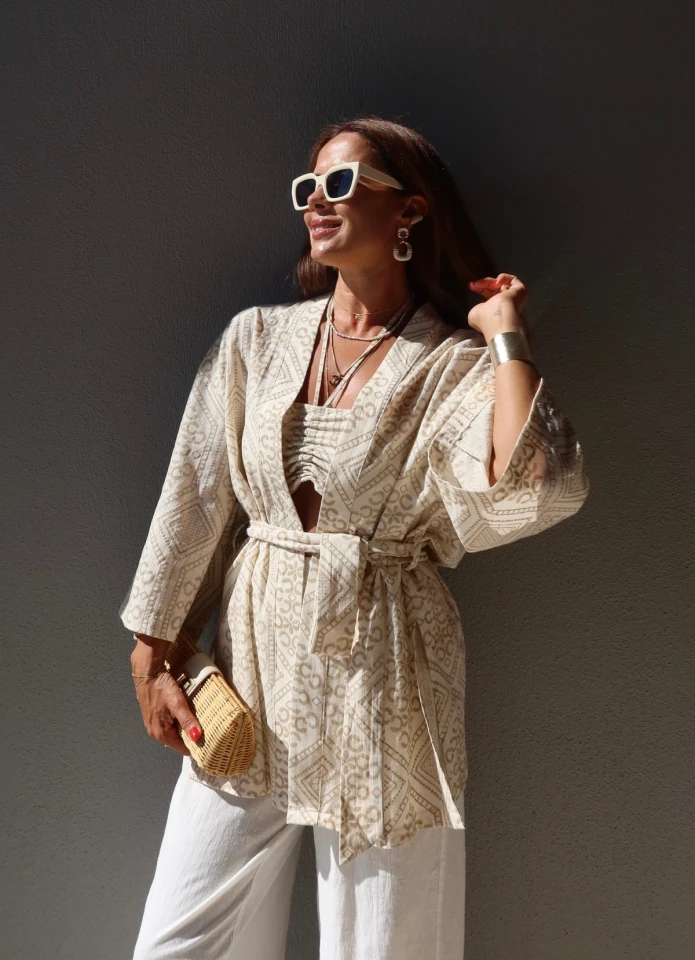 NATURAL Bej İşlemeli Crop Kimono Takım