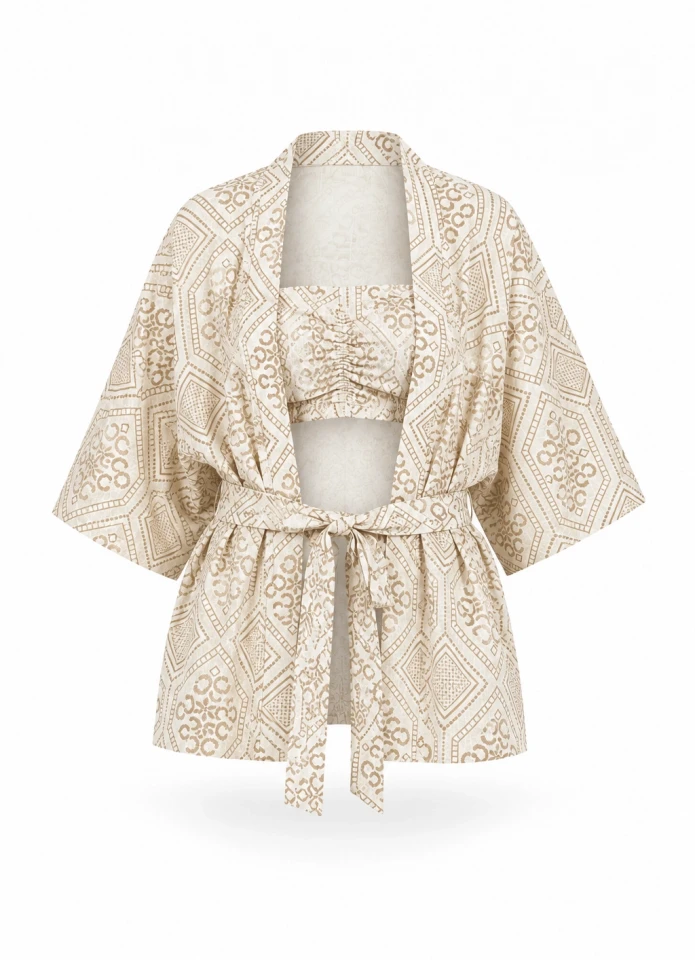 NATURAL Bej İşlemeli Crop Kimono Takım