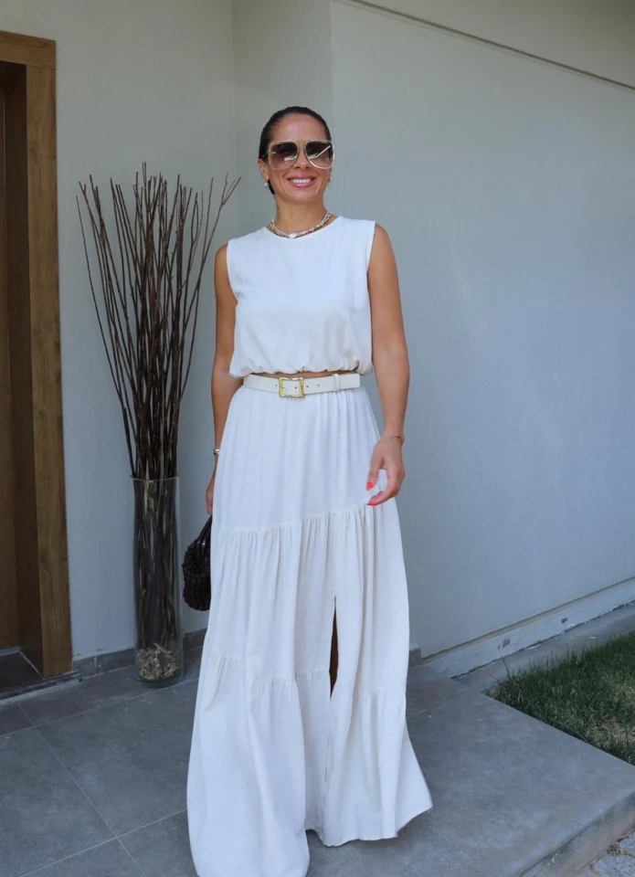 NATURAL Bel Lastik Detay Bluz Etek Takım