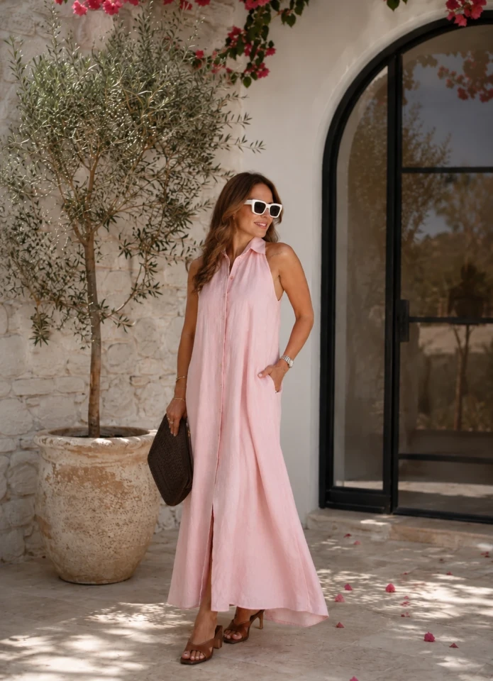 PEMBE Sırt Dekolte Keten Elbise