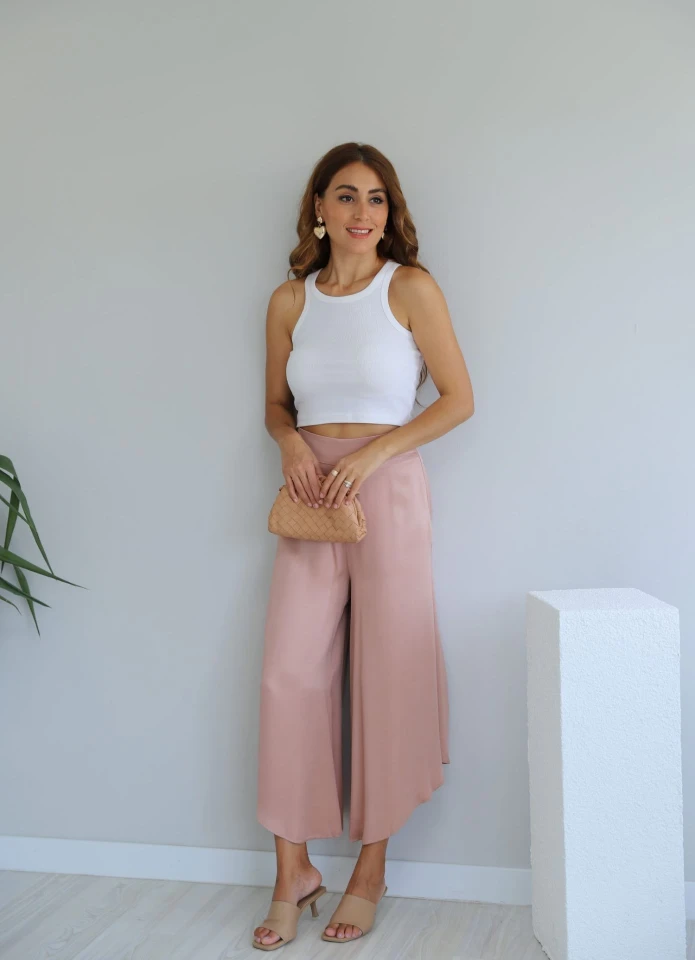 Pudra Bol Paça Asimetrik Saten Pantolon