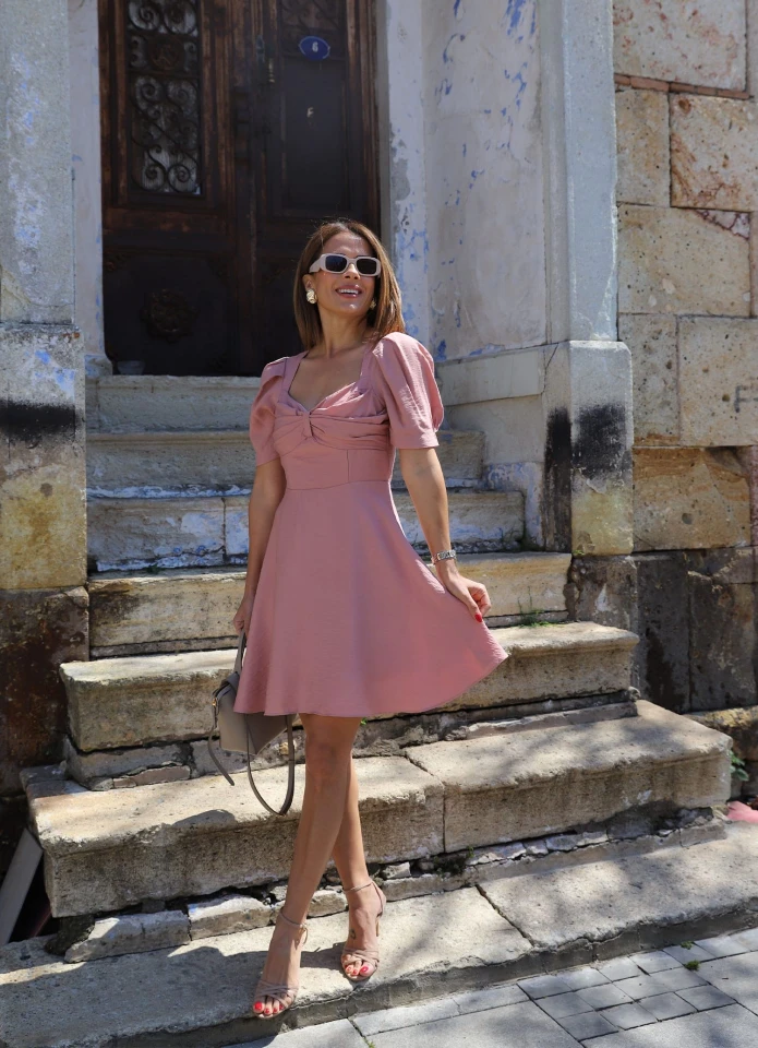 Pudra Yaka Drape Detay Astarlı Elbise