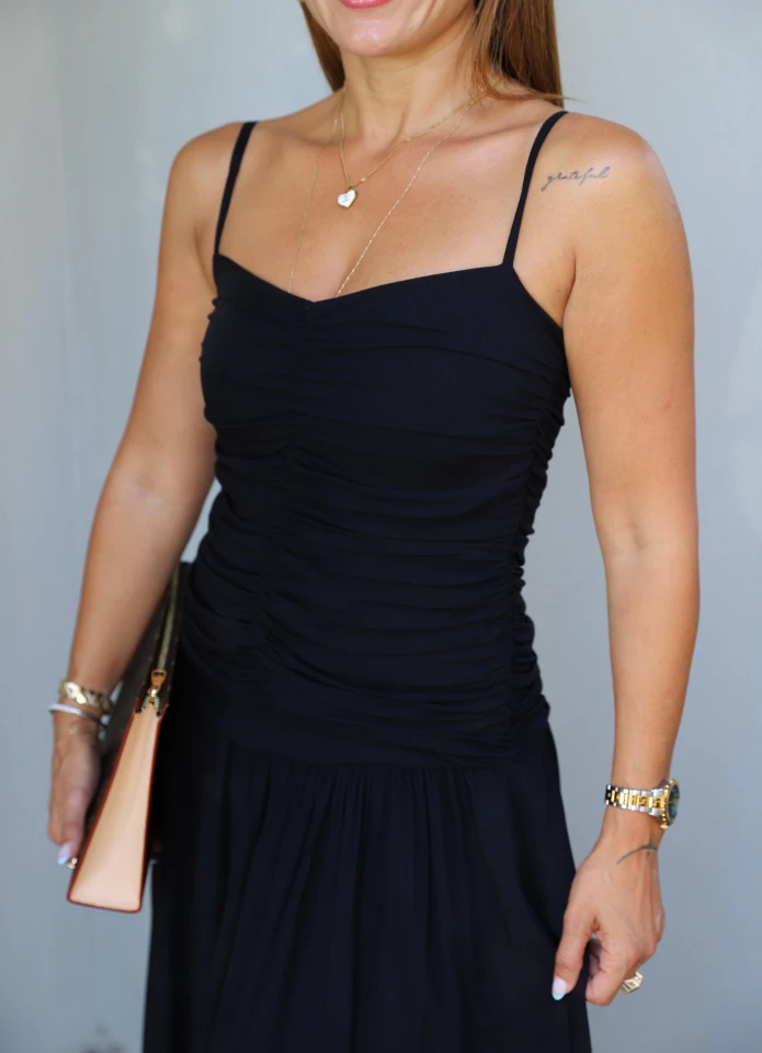 Siyah Askılı Drape Detay Maxi Boy Elbise